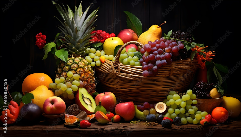 Composition with assorted raw organic fruits. Generative AI Composition with assorted raw organic fruits. Generative AI