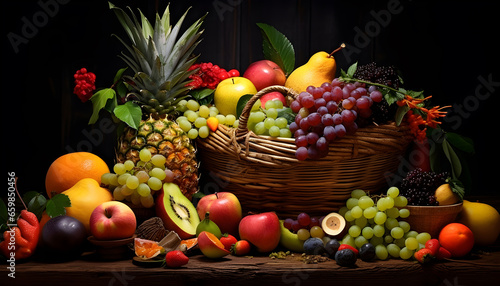 Composition with assorted raw organic fruits. Generative AI 