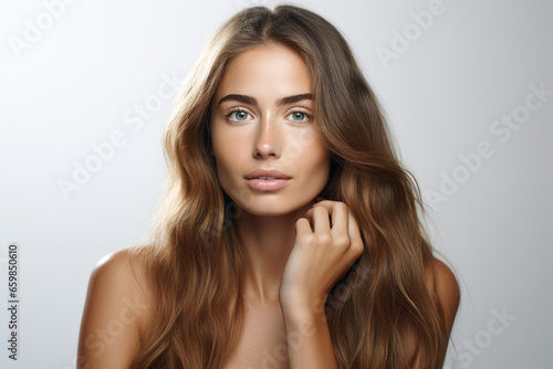 Woman with long brown hair posing for picture. Can be used for fashion, beauty, or lifestyle concepts.