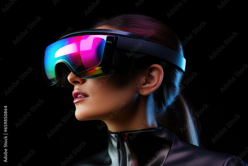 Futuristic VR Experience: Close-up of a 30-Year-Old Woman with Holographic Neon VR Glasses Futuristic VR Experience: Close-up of a 30-Year-Old Woman with Holographic Neon VR Glasses