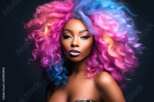 Woman with vibrant, colorful hair striking pose for photo. This image can be used for fashion, beauty, or lifestyle-related projects.