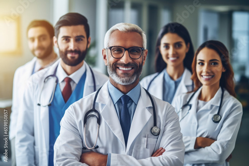 Group of doctors standing together. This image can be used to represent teamwork, collaboration, or medical professionals in hospital or clinic setting.