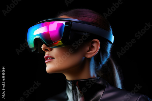 Futuristic VR Experience: Close-up of a 30-Year-Old Woman with Holographic Neon VR Glasses © Andrii 