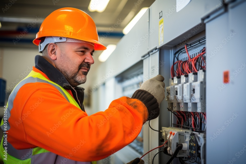 Female commercial electrician at work on a fuse box, adorned in safety gear, demonstrating professionalism. Electrician men at work. Female commercial electrician at work on a fuse box, adorned in safety gear, demonstrating professionalism. Electrician men at work.