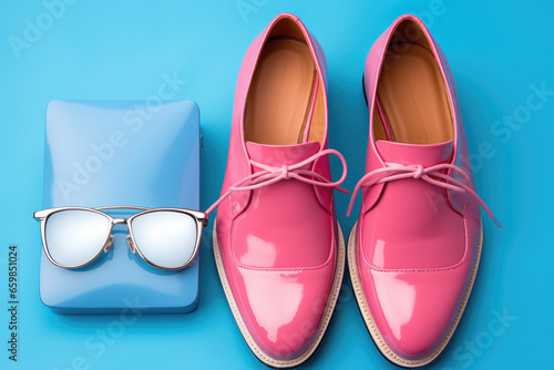 Picture featuring pair of pink shoes, sunglasses, and blue purse. This image can be used to showcase fashion accessories or as trendy background for fashion-related content.