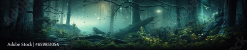 Silhouettes of trees in a dark night forest with a blue and green of fog.