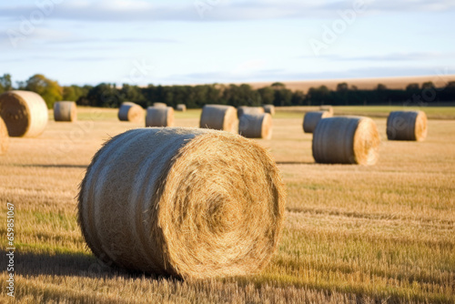 Picturesque scene of hay bales in field with beautiful trees in background. Perfect for agricultural and nature-themed projects.