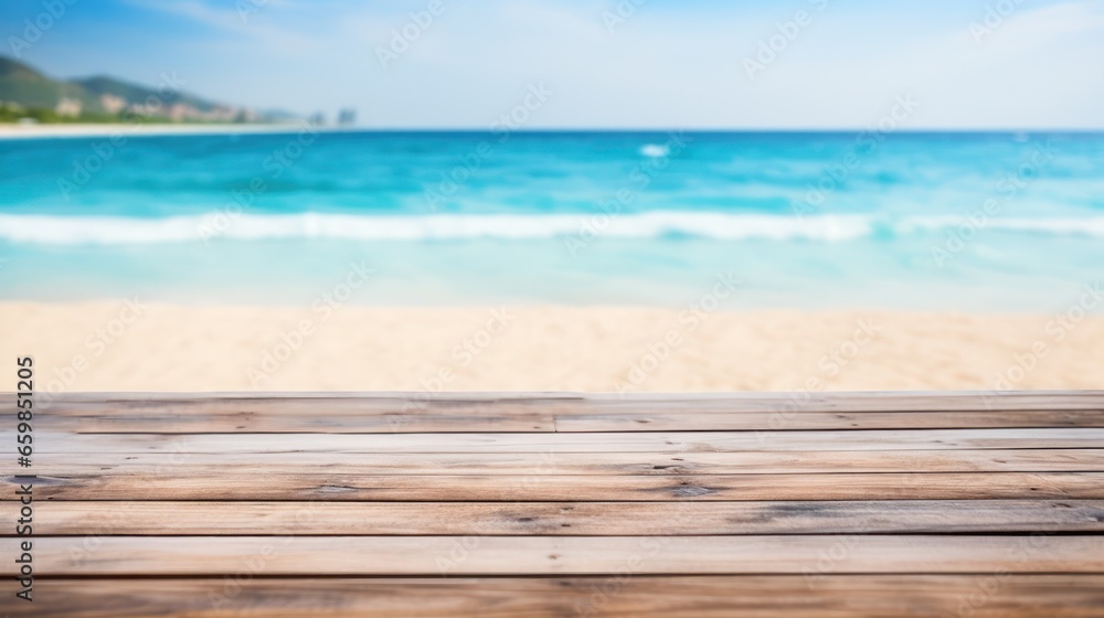 Fototapeta premium Top of wood table with blurred sea and blue sky background - Empty ready for your product display montage. Concept of beach in summer