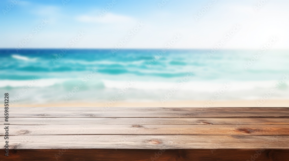 Top of wood table with blurred sea and blue sky background - Empty ready for your product display montage. Concept of beach in summer Top of wood table with blurred sea and blue sky background - Empty ready for your product display montage. Concept of beach in summer