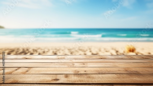 Top of wood table with blurred sea and blue sky background - Empty ready for your product display montage. Concept of beach in summer