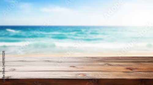 Top of wood table with blurred sea and blue sky background - Empty ready for your product display montage. Concept of beach in summer