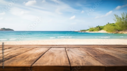 Top of wood table with blurred sea and blue sky background - Empty ready for your product display montage. Concept of beach in summer © Kowit
