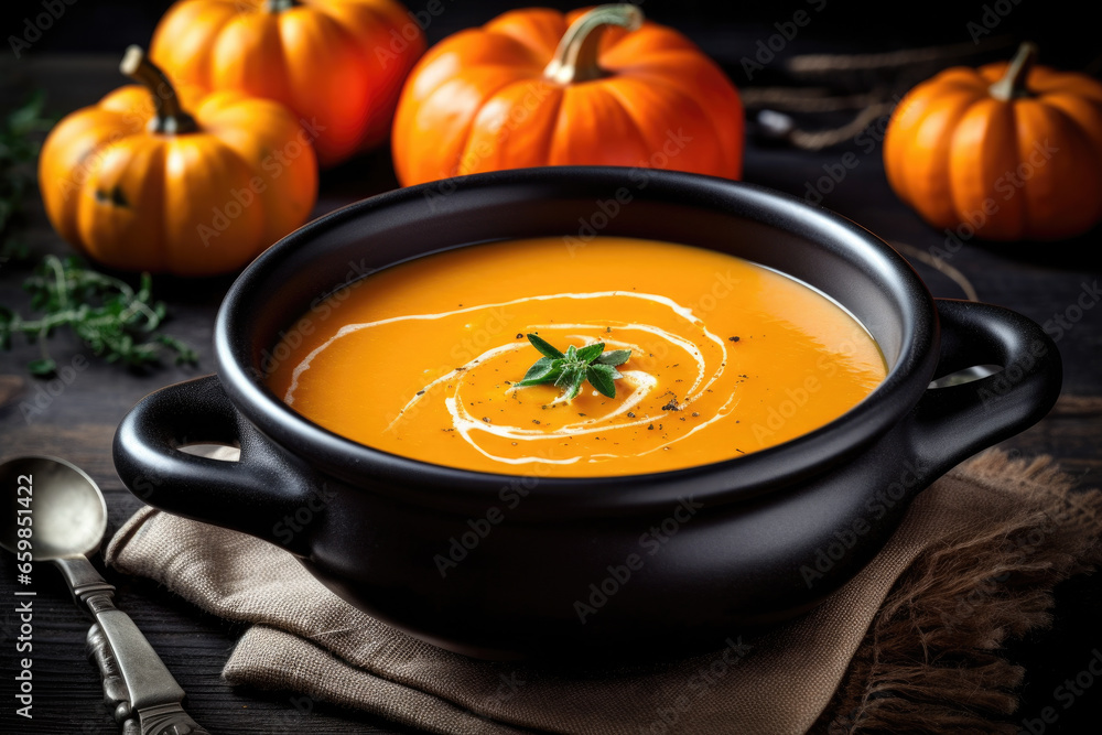 Bowl of soup resting on table. This image can be used to depict comfort food, cozy meal, or restaurant setting. Bowl of soup resting on table. This image can be used to depict comfort food, cozy meal, or restaurant setting.