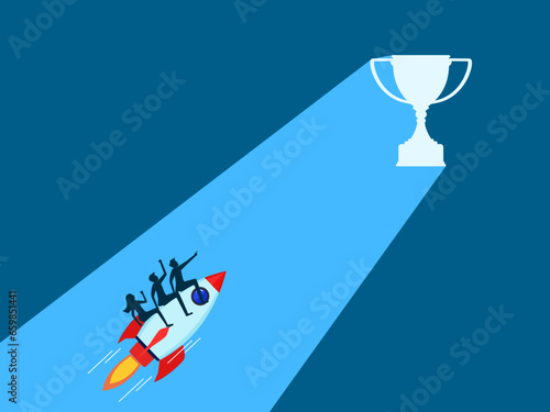 team of businessmen flies in a rocket to the trophy icon. Vector
