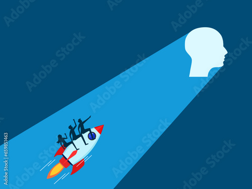 team of businessmen flies in a rocket towards the human head icon. Vector © Nastudio