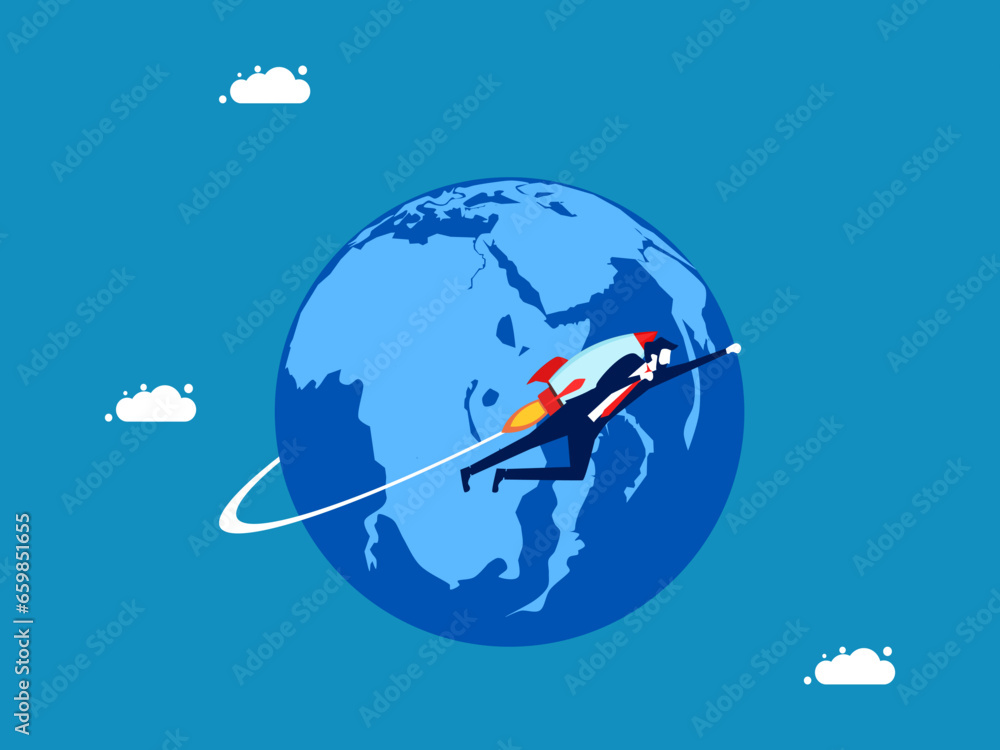 World class innovation. Businessman flies in rocket around the world. Vector