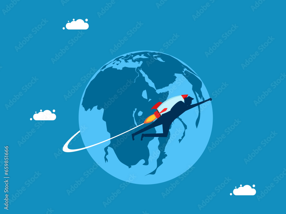 Businessman flies in rocket around the world. Vector