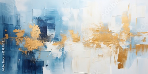 Closeup of abstract rough blue white gold art painting texture, with oil brushstroke, pallet knife paint on canvas photo