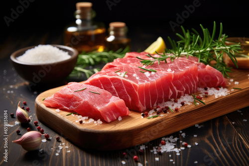 Fresh piece of raw tuna is displayed on cutting board, accompanied by variety of spices and sprinkle of salt. Preparation of sushi or as representation of healthy dish seafood.