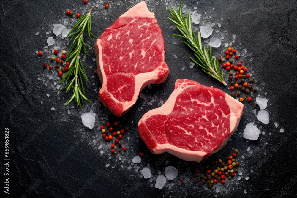 Two raw steaks are placed on black surface, garnished with pepper sprigs. This image can be used to depict delicious meal preparation or for food-related concepts.
