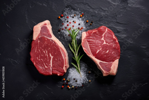 Two raw steaks placed on black surface, garnished with fresh pepper sprigs. This image can be used to showcase high-quality cuts of meat or to represent cooking and food preparation.