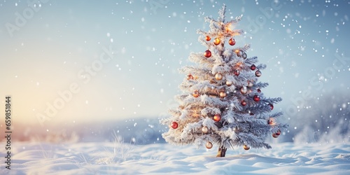 Closeup of oine branch with pine cones and snow, defocused blurred background with blue sky and bokeh lights and snowflake photo