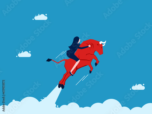 Businesswoman rides a red bull soaring into the sky vector illustrtion