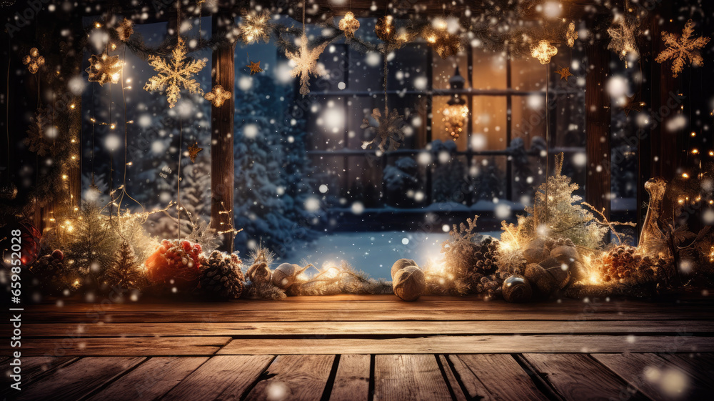 Sparkling Christmas Decorations on Snowy Bokeh