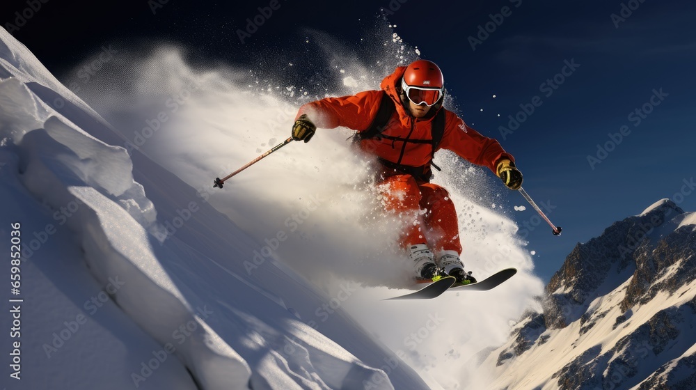 An athlete goes downhill skiing An athlete goes downhill skiing