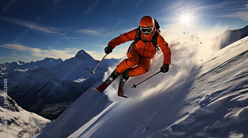 An athlete goes downhill skiing