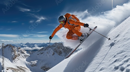 An athlete goes downhill skiing