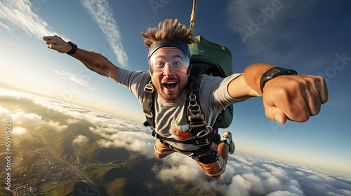 A man parachutes out of an airplane photo
