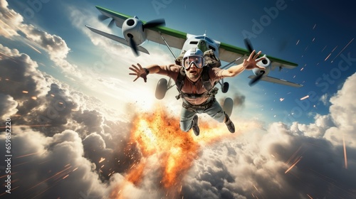 A man parachutes out of an airplane