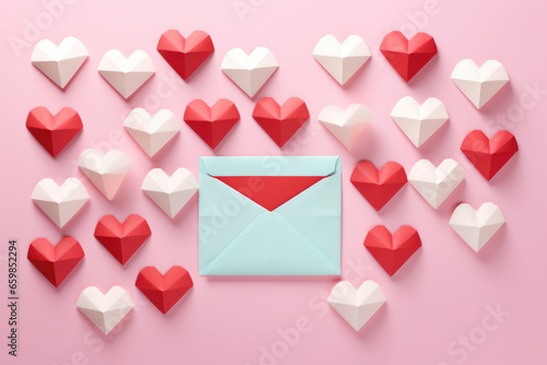Red envelope with charming design of white hearts is placed on soft pink background. Various occasions and celebrations, such as Valentine's Day, anniversaries, or love-themed projects.