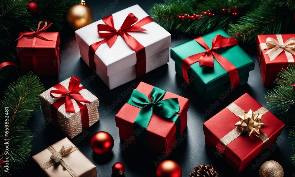 Christmas gift boxes collection with pine tree. View from above, Generative AI Christmas gift boxes collection with pine tree. View from above, Generative AI