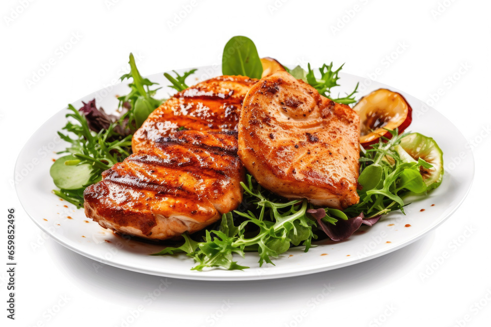 White plate with delicious serving of meat and fresh salad. Perfect for healthy and satisfying meal. Suitable for restaurant menus, food blogs, and recipe websites. White plate with delicious serving of meat and fresh salad. Perfect for healthy and satisfying meal. Suitable for restaurant menus, food blogs, and recipe websites.