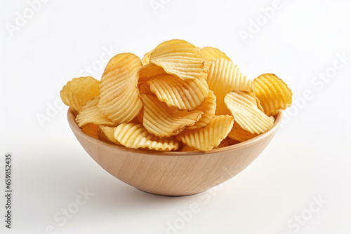 Simple and appetizing image of bowl filled with delicious potato chips placed on clean white surface. Perfect for food-related projects and advertising campaigns.