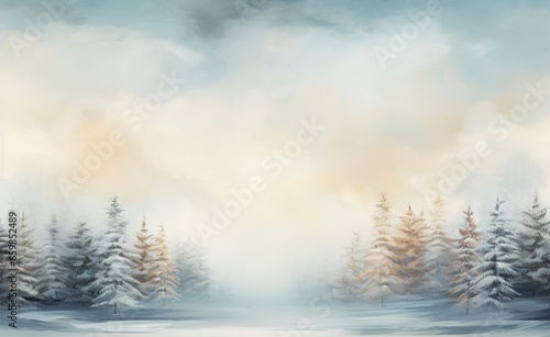 romantic landscape with snowy trees in fog and blizzard. Season greetings concept. Generative AI