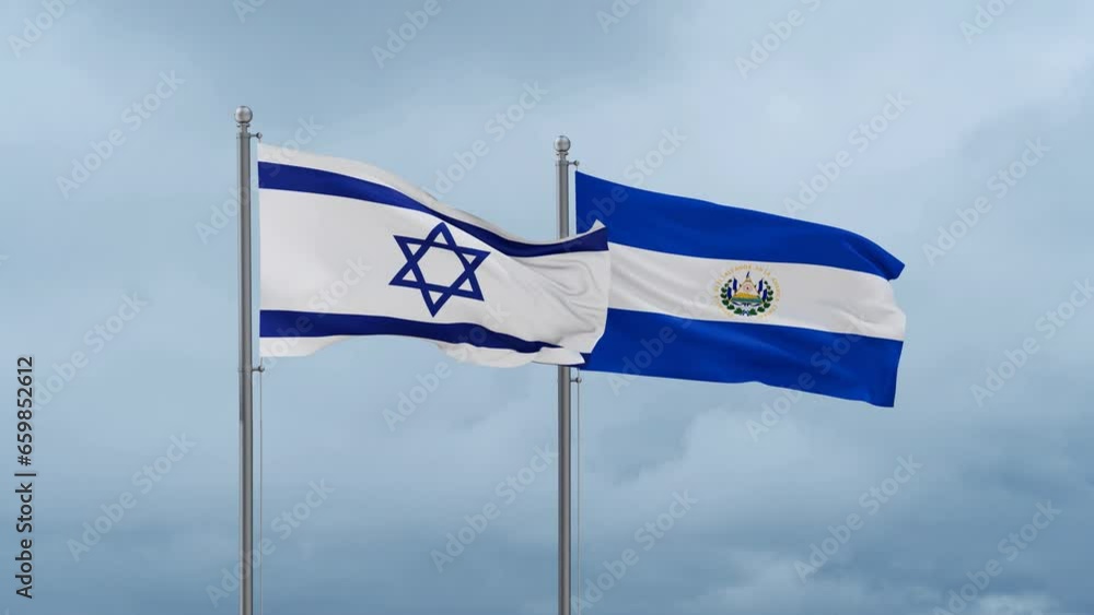 Republic of El Salvador and Israel flag waving together on cloudy sky, endless seamless loop, two country cooperation concept Republic of El Salvador and Israel flag waving together on cloudy sky, endless seamless loop, two country cooperation concept
