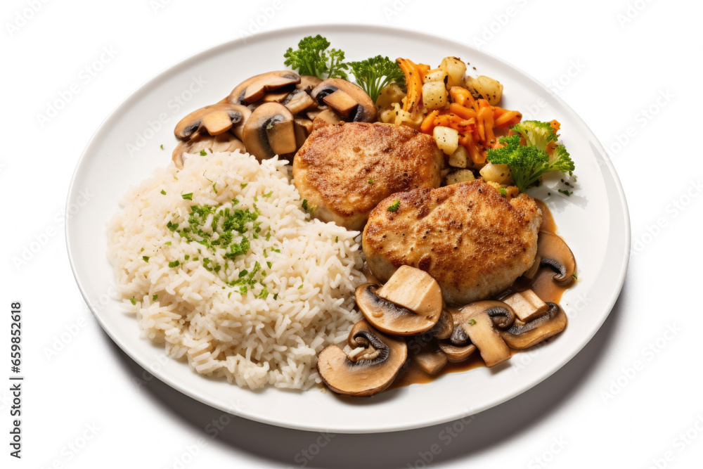 White plate with delicious serving of rice and meat. Perfect for food enthusiasts and restaurant menus. White plate with delicious serving of rice and meat. Perfect for food enthusiasts and restaurant menus.