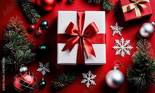 Christmas composition. Gift box, christmas decorations on red background. Flat lay, top view, copy space, Generative AI