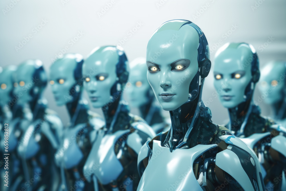 Group of blue humanoids with glowing eyes. This image can be used to depict futuristic technology, science fiction, or alien encounters. Group of blue humanoids with glowing eyes. This image can be used to depict futuristic technology, science fiction, or alien encounters.