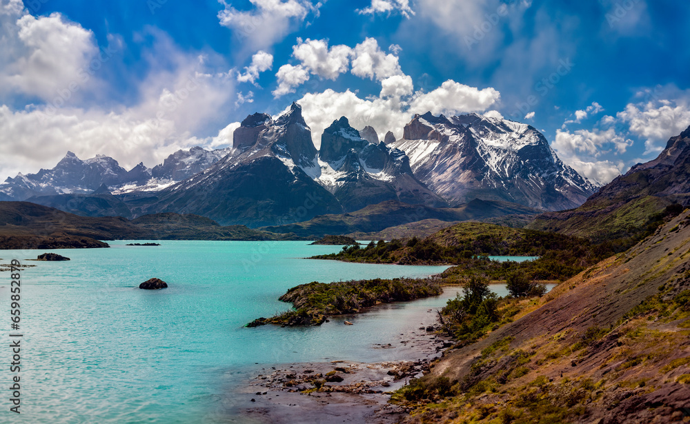 Mountain peaks of Cordillera del Paine in Torres del Paine National Park in Patagonia, southern Chile, South America.