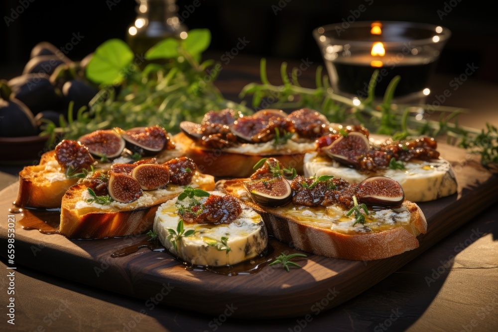 open sandwich with figs and blue cheese on dark background. Generative AI open sandwich with figs and blue cheese on dark background. Generative AI