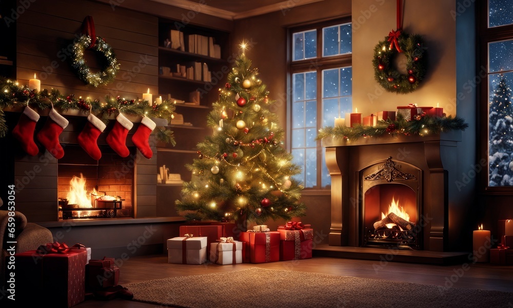 interior christmas. magic glowing tree, fireplace, gifts, Generative AI