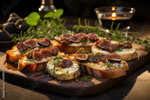 open sandwich with figs and blue cheese on dark background. Generative AI
