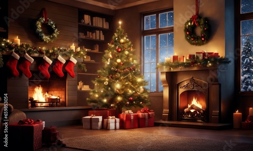 interior christmas. magic glowing tree  fireplace  gifts  Generative AI