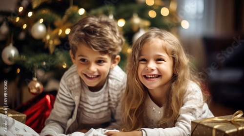 Happy Children sitting near the Christmas tree with presents at home, family celebration