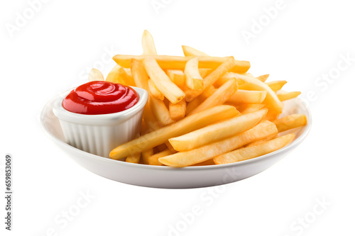 french fries, french-fried potatoes, finger chips, or simply fries with ketchup sauce in a white bowl isolated on a transparent background, potato fried chips transparent