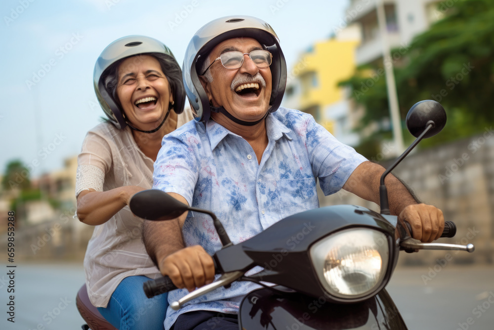 Picture of man and woman riding on motorcycle. This image can be used to depict adventure, freedom, or couple enjoying ride together.